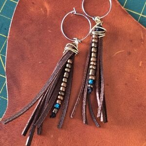 Elegant Brown Leather Tassel Earrings with Beads